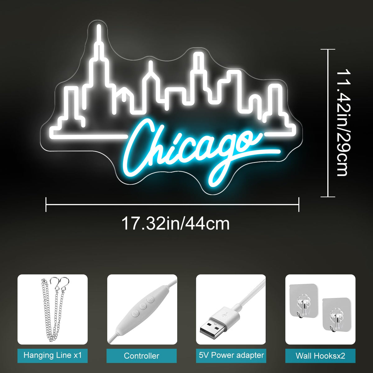 Chicago Skyline Neon Sign for Bar Office City Room Modern Urban Wall Decor (Chicago-Ice Blue)