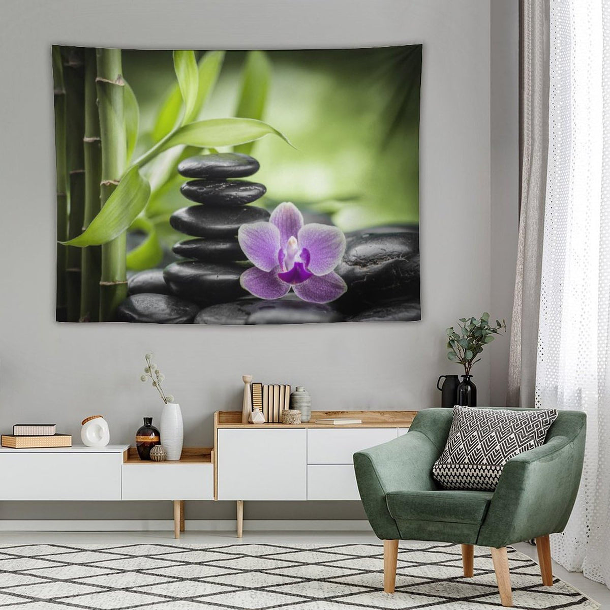 Zen Tapestry Wall Hanging Bamboo Leaves Spa Garden Purple Floral Stones Lotus Flower Japanese Relaxation Meditation Tapestries Home Decor for Living Room Bedroom Kitchen 60"x80" (60"L x 80"W / Zen-10)