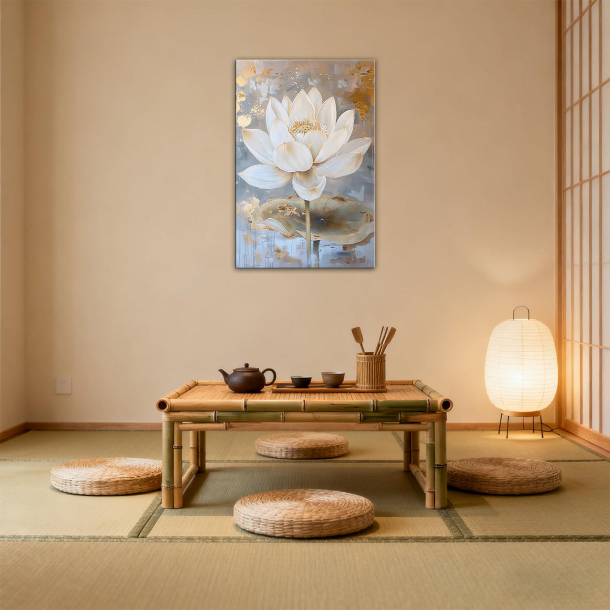 Gold White Lotus Canvas Wall Art Blooming Lotus Flower Painting Print Abstract Zen Floral Poster Artwork for Living Room Bedroom Decor Framed (Artwork-9 / 36"L x 24"W)