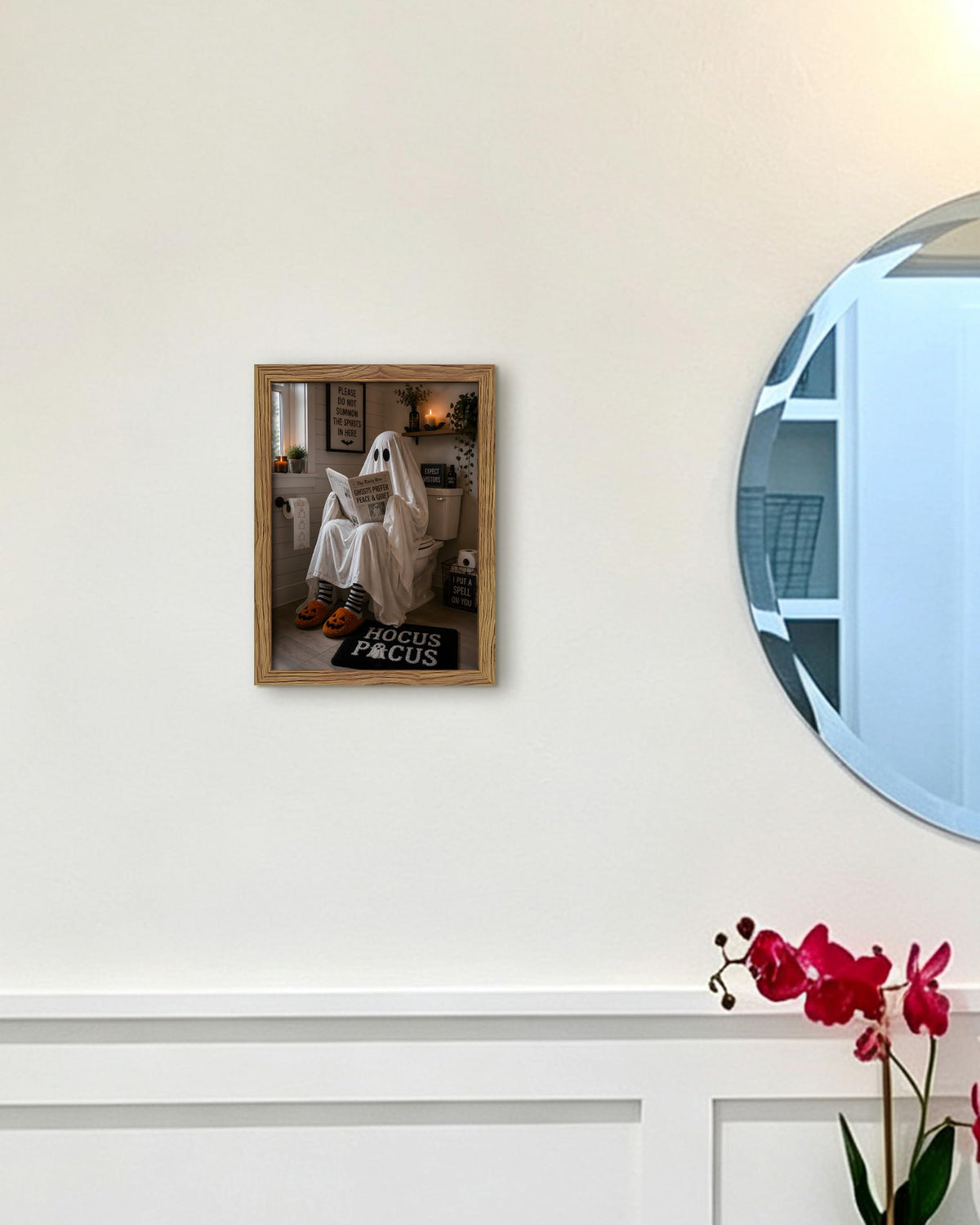 Framed Funny Halloween Bathroom Wall Art (A-White Ghost / 10"L x 8"W)