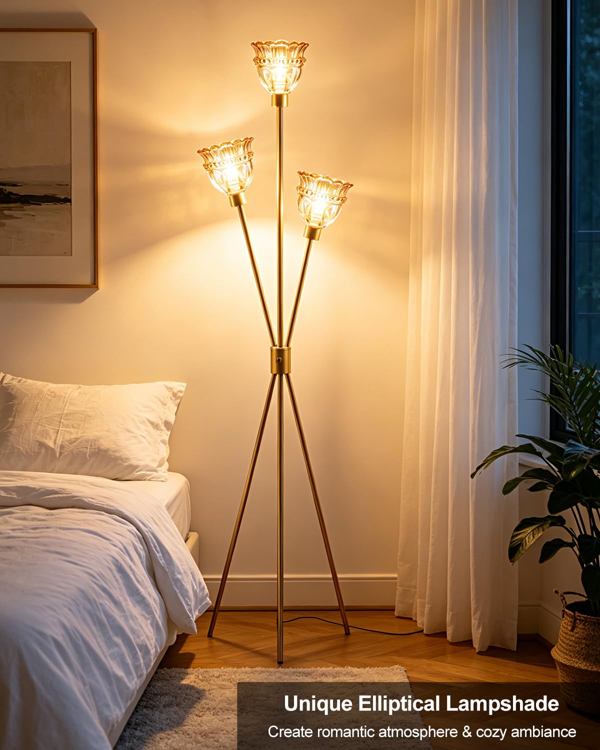 Amber Glass Tripod Floor Lamp Dimmable Gold Floor Flower Lamps