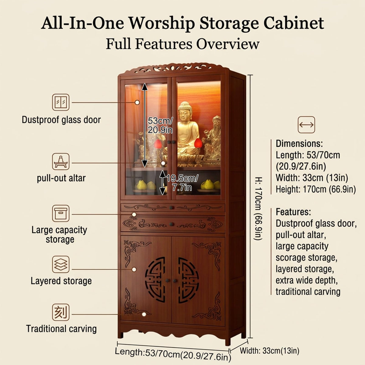 Bamboo Altar Cabinet Temple Altar Table Chinese Buddhist Cabinet with Double Door Storage Buddhist Tables with Drawer for Home Use Personal Meditation Temple for Temples (20.87x12.99x66.93in)