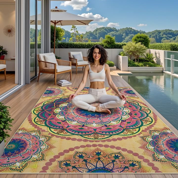 Meditation Indoor Outdoor Rug 4x6 ft Mandala Pattern Rug Boho Style (Khaki / 4 x 6 Feet)