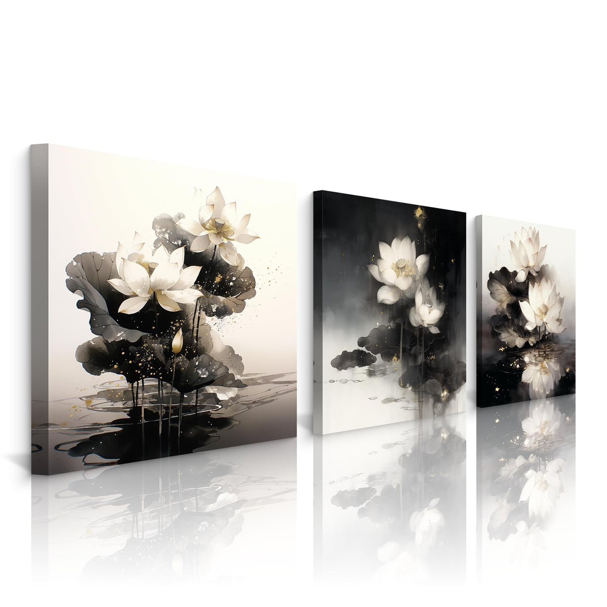 3Pcs White Lotus Flowers Canvas Wall Art Gold Leaf Ink Wash Zen Botanical Prints Modern Minimalist Floral Prints for Bedroom Bathroom Living Room Decor Nature Artwork Ready to Hang (White Lotus with Golden Accents-1 / 20x20inchx3)