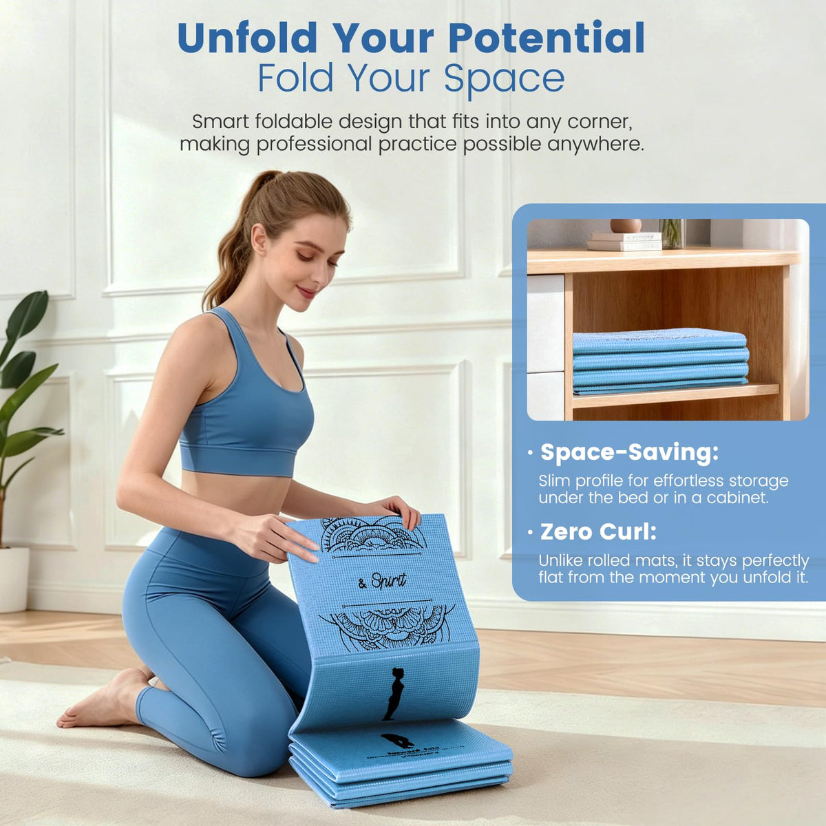 Foldable Non Slip Yoga Mat and Blocks Set for Women (Blue)