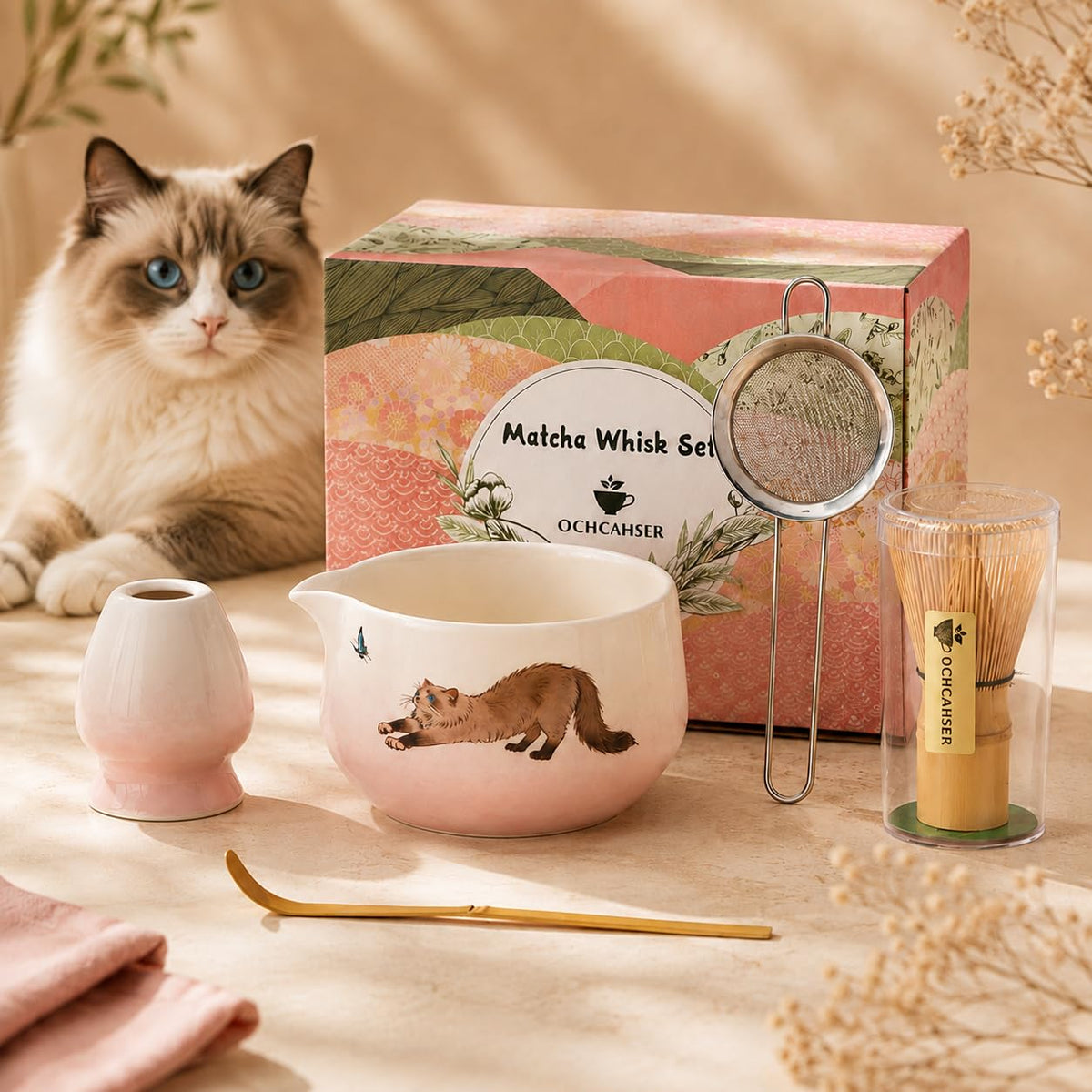 Matcha Set with Cat Pattern (Pink Gradient)