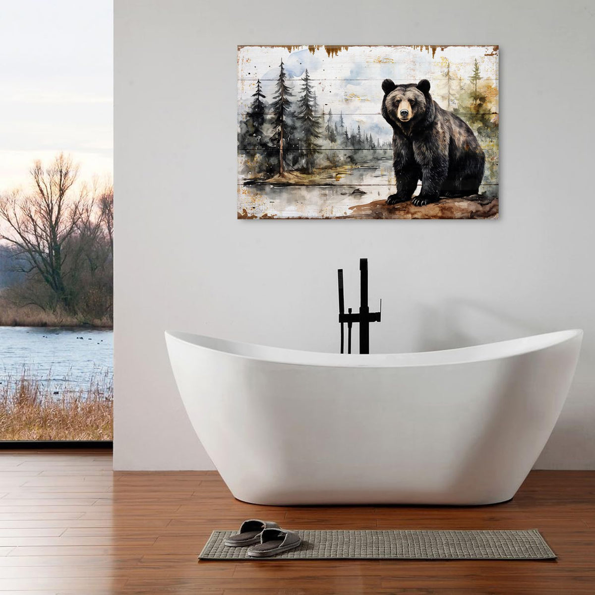 Bear Wall Art Wildlife Bear Painting Woodland Forest Picture Wall Decor Farmhouse Cabin Home Decorations Rustic Animal Canvas Poster Prints Pine Trees Painting Artwork for Bathroom Living Room 32x48” (48"L x 32"W / Bear Forest)