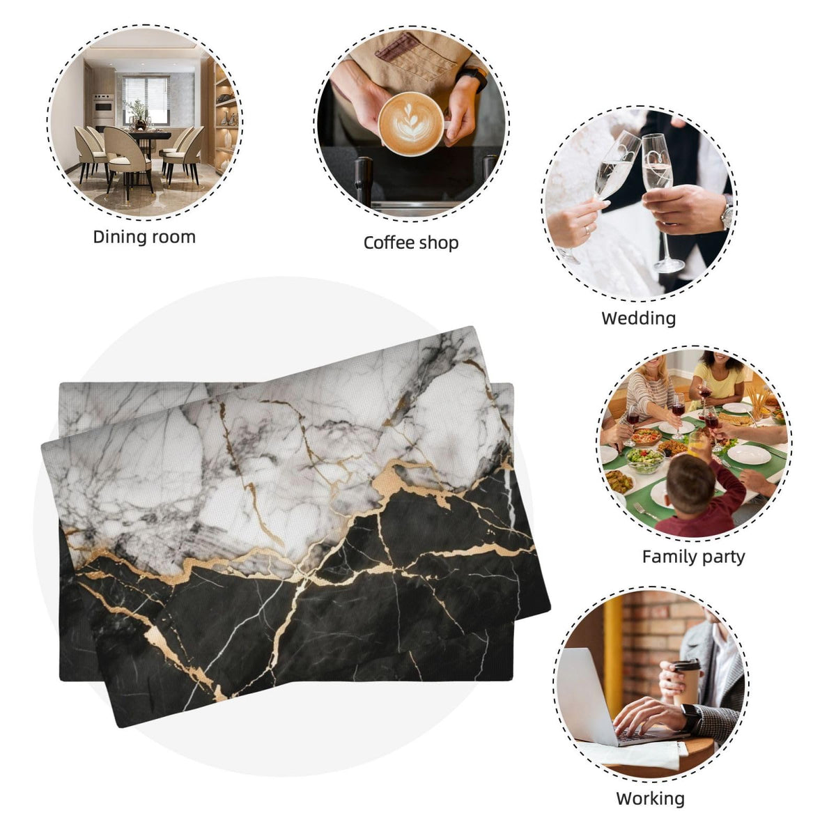 Black White Gold Marble Place Mat Set of 6 Pieces Heat (6PCS / Black White Gold Marble)