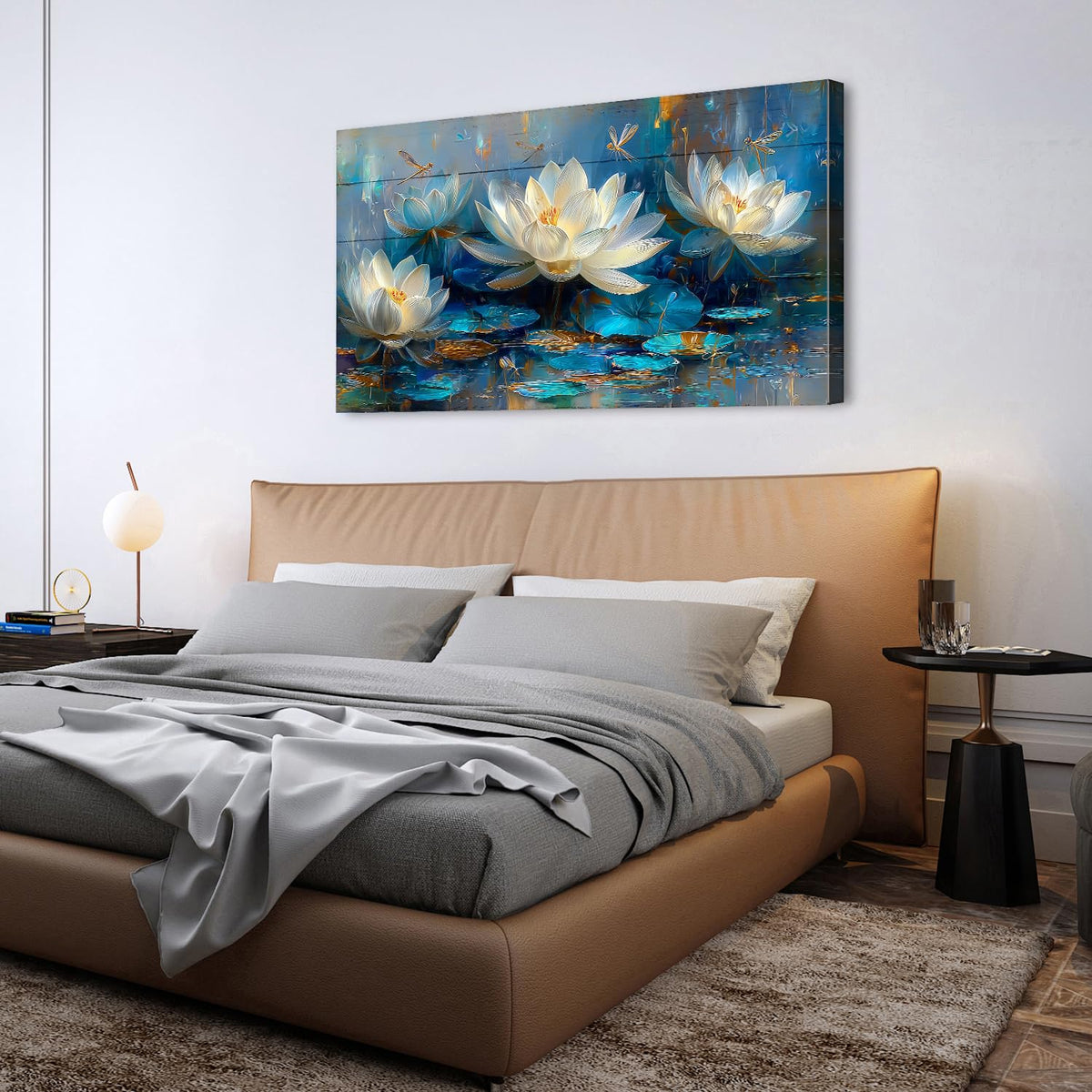 Abstract Flower Wall Art Navy Blue and White Lotus Flowers Wall Decor Zen Canvas Picture Colorful Floral Dragonfly Poster Print Country Bouquet Painting Artwork for Yoga Living Room Decorations 30x60 (57.8"L x 30"W / Lotus Flower)