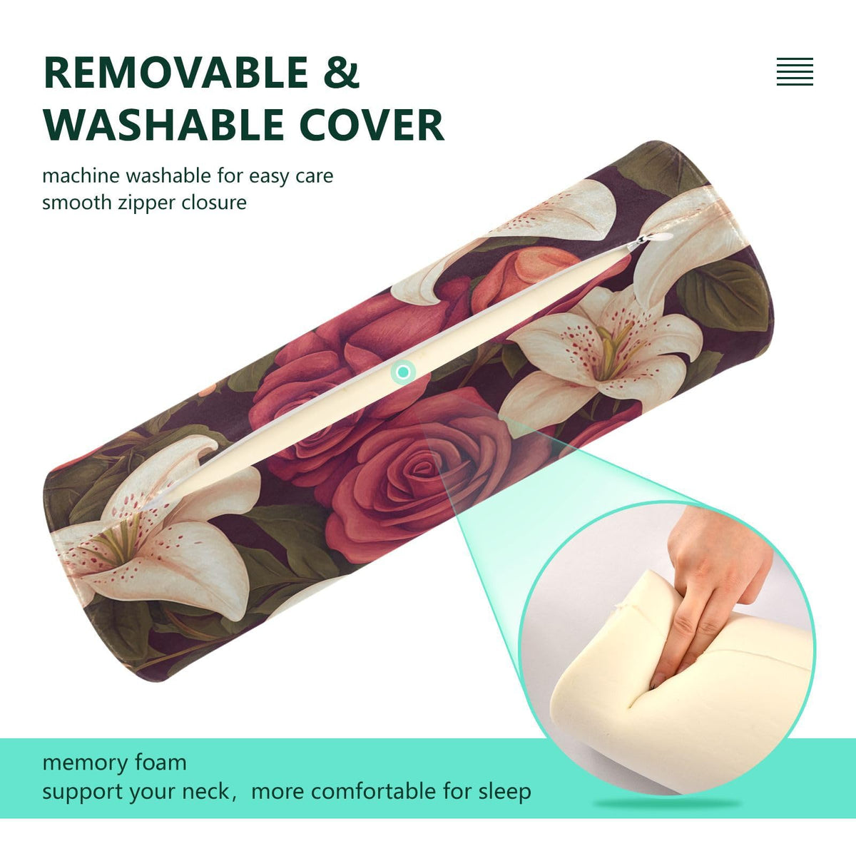 Roses and Lily Flowers Neck Roll Pillow Bolster Round Health Memory Foam Long Cervical Cylinder Pillows with Removable Washable Cover for Body Bed Legs Back Yoga (Roses and Lily Flowers)