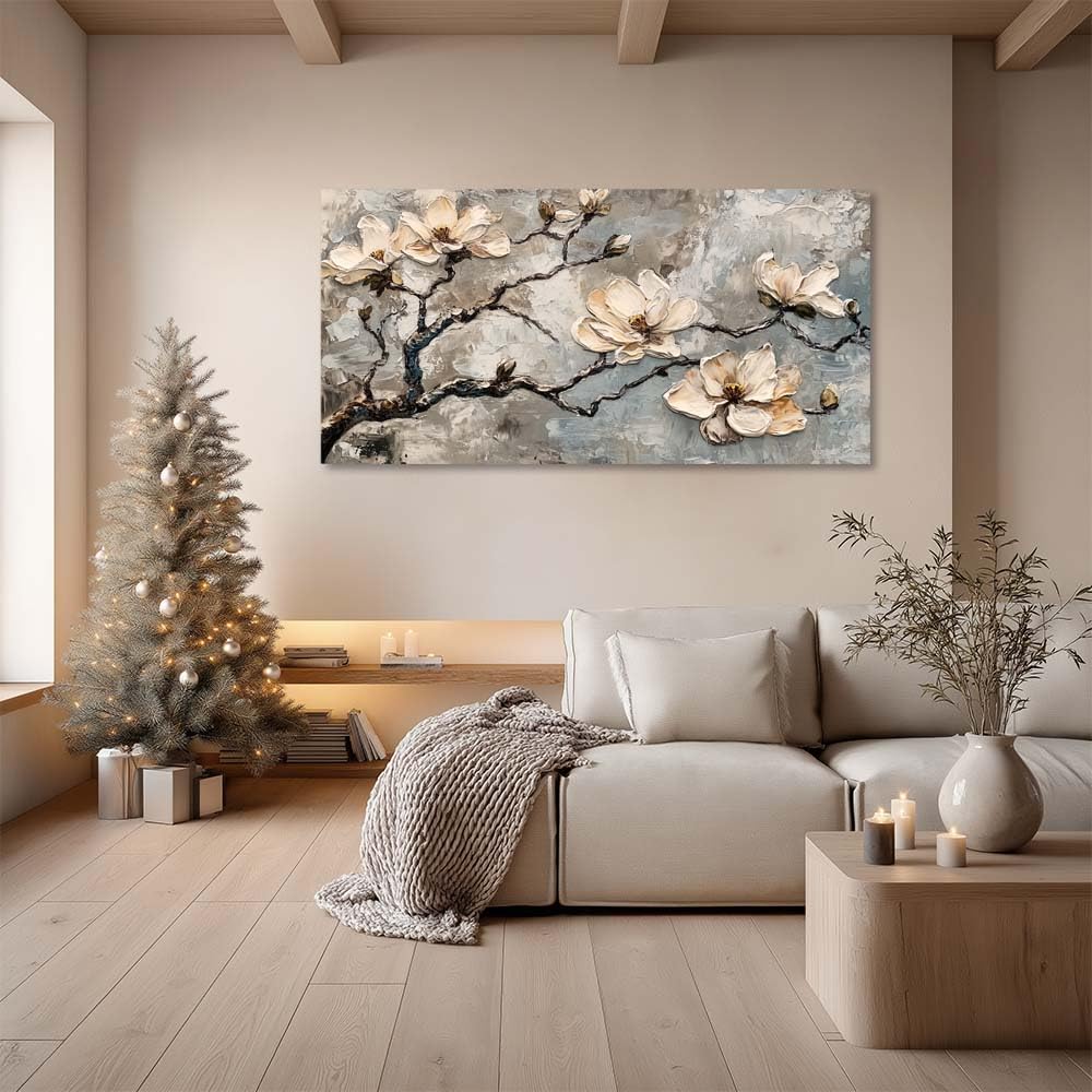 White Magnolia Canvas Wall Art Floral Branch Painting Grey Abstract Faux Texture Flat Print Gallery Wrapped Artwork for Living Room Bedroom Bathroom Decor (Bohemian / White Magnolia Blossoms 4 / 58"L x 28"W)