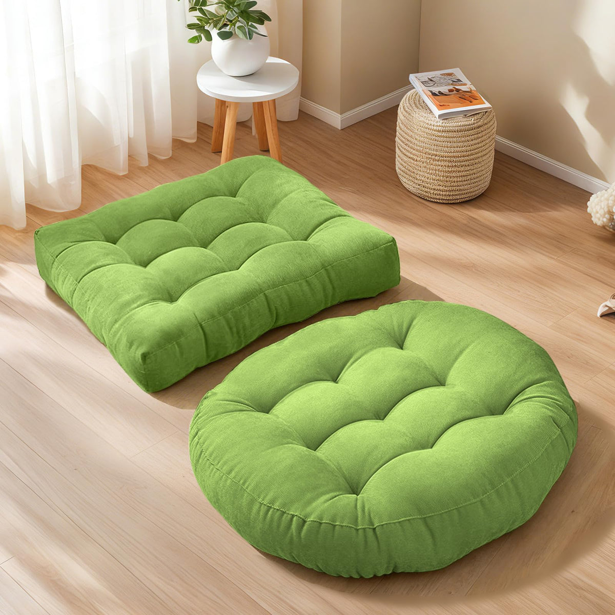 Floor Cushion Pillow Set of 2 Large Round and Square Floor Pillows for Adults Meditation Cushion Pillow Tufted Corduroy Cushions for Living Room Outdoor Yoga Tatami Fireplace (Green)