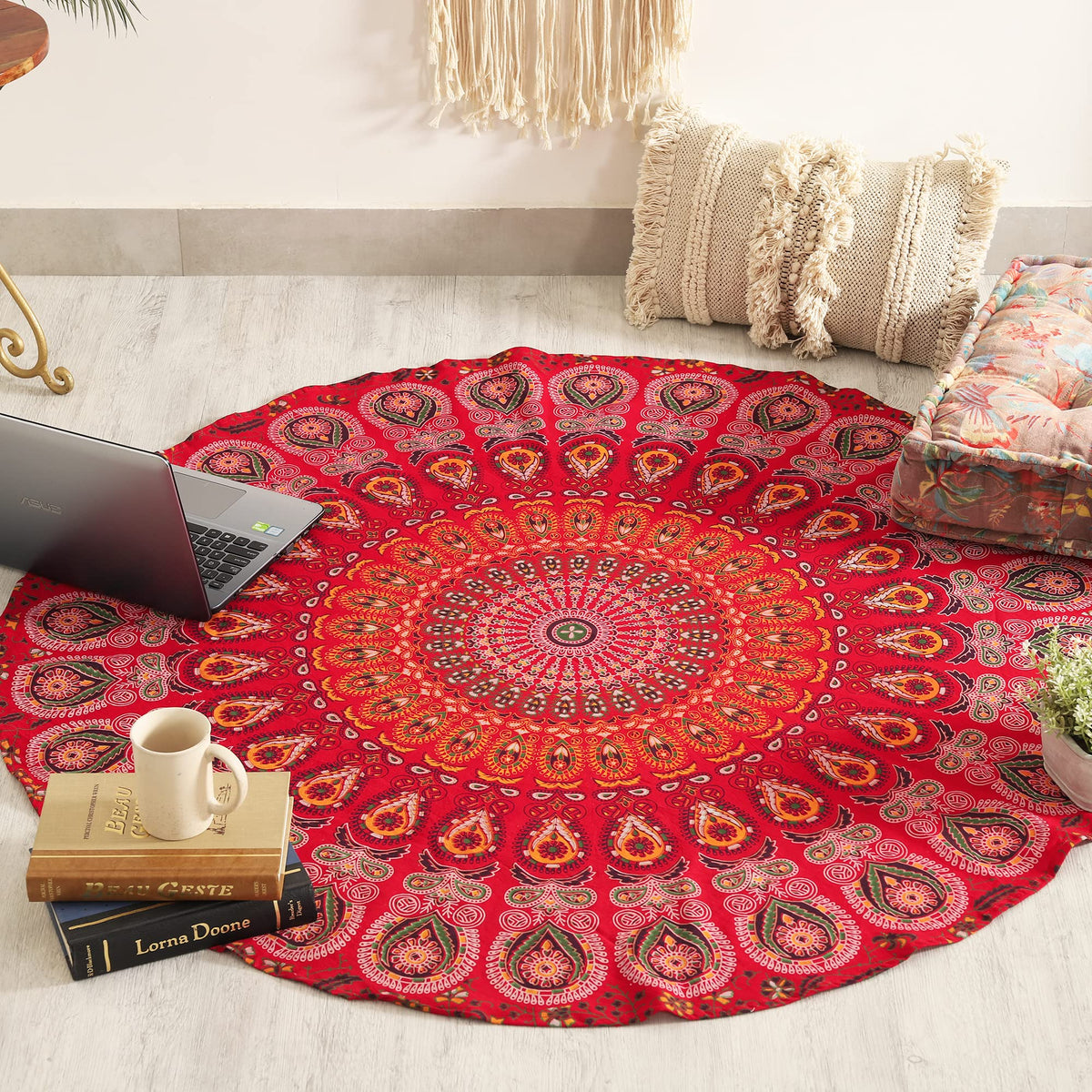Round Tapestry Wall Hanging Ombre Hippie Mandala Bohemian Hippy Intricate Indian Tapestries Tablecloth 50 Inches (Red_Yellow / 50"L x 50"W)