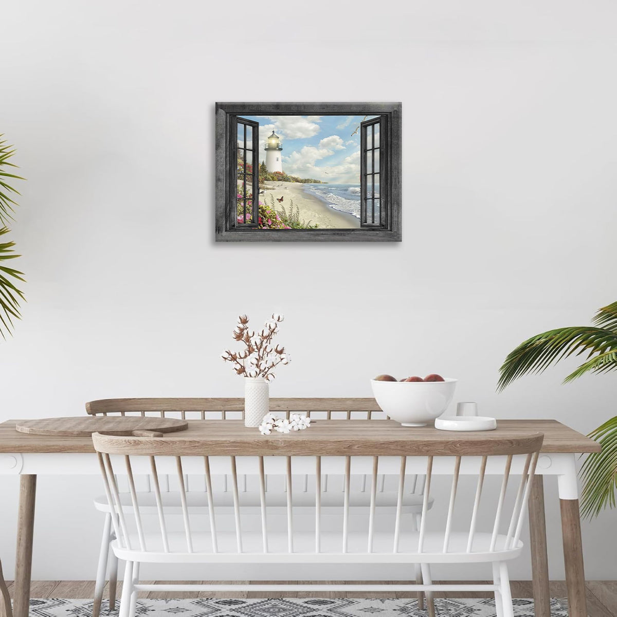 Lighthouse Nautical Wall Art Coastal Beach Pictures Canvas Prints Ocean Decorations Painting Framed Window Seascape Artwork Gifts Office Home Decor for Bathroom Dining Living Room 16"x12" (16"L x 12"W / Lighthouse Coastal)