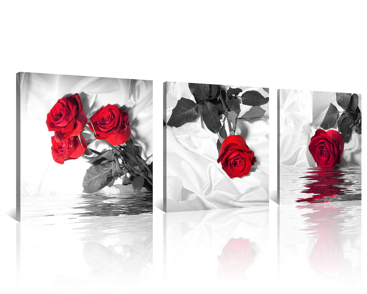 Canvas Print 3 Pcs Black and White Red Rose Canvas Art Painting Abstract Wall Art Decorations Flower Picture on Canvas for Home Decor Stretched and Framed (20 x 20 inches (3-Piece Set) / Red Rose)