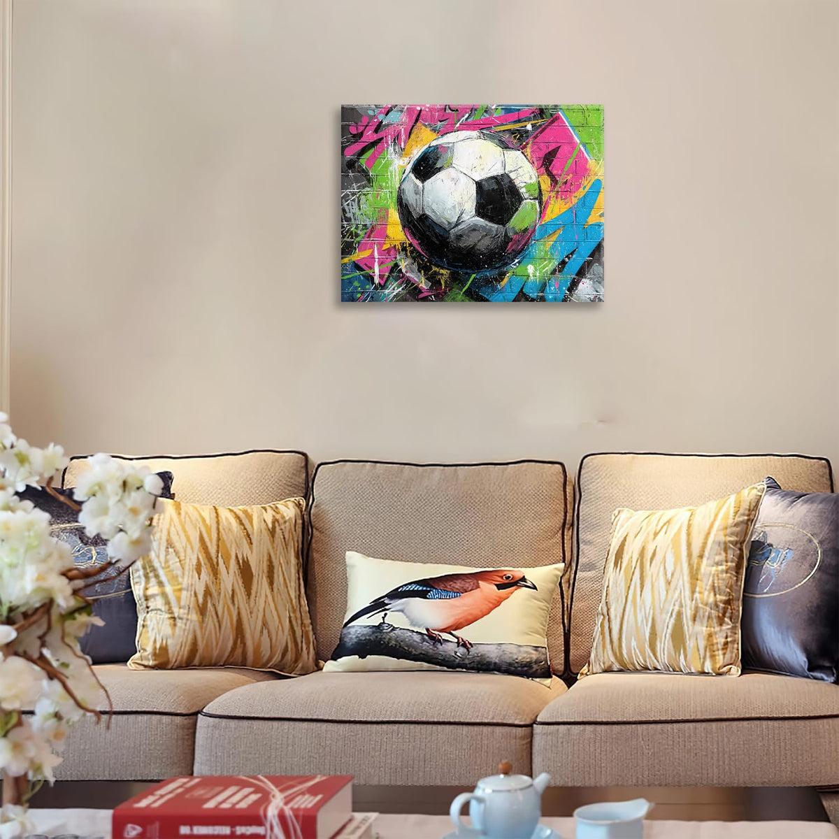 Soccer Canvas Wall Art Colourful Football Painting Framed ArtWork 16"x20" (Graffiti Soccer / 20"L x 16"W)