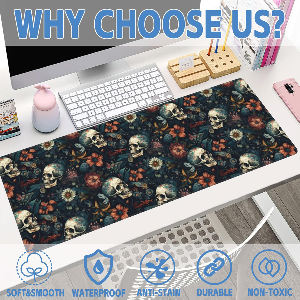 Desk Mat Skulls with Flowers Large Gaming Mouse Pad XL (11.8" x 31.5" / Skulls With Flowers)