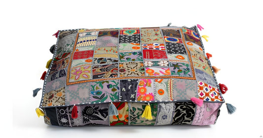 Indian Square Patchwork Traditional Pouf Cover Indian Living Room Poufs Decorative Embroidered Designer Ottoman Home Living Footstool Chair Cover Decor Pillow Cover 35 inches (35"D x 35"W x 5"H / Grey)
