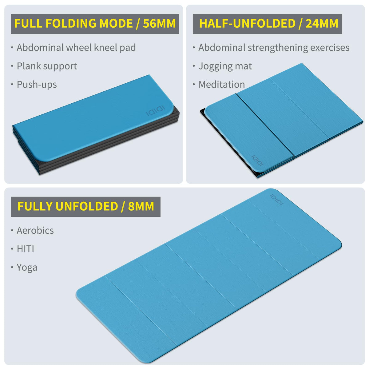 Foldable Yoga Mat Extra Large Wide 74"×31.5" (Blue+Black)