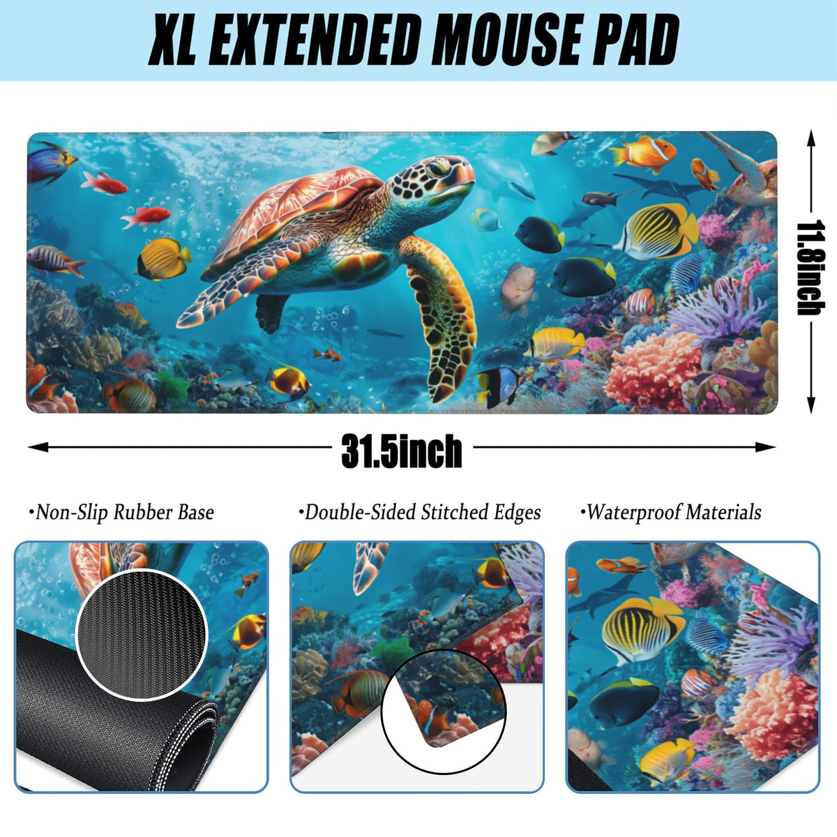 XL Mouse Pad Sea Turtle with Colorful Fish Large Gaming Mouse Pad (11.8" x 31.5" / Sea Turtle With Colorful Fish)