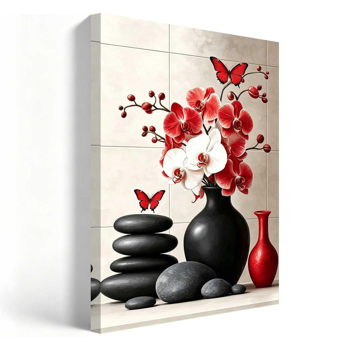 Orchid Flower Canvas Wall Art Zen Bathroom Pictures Prints Spa Stone Butterfly Wall Decor Black White Yoga Meditation Paintings for Living Room Bedroom (Red / 30"L x 20"W)