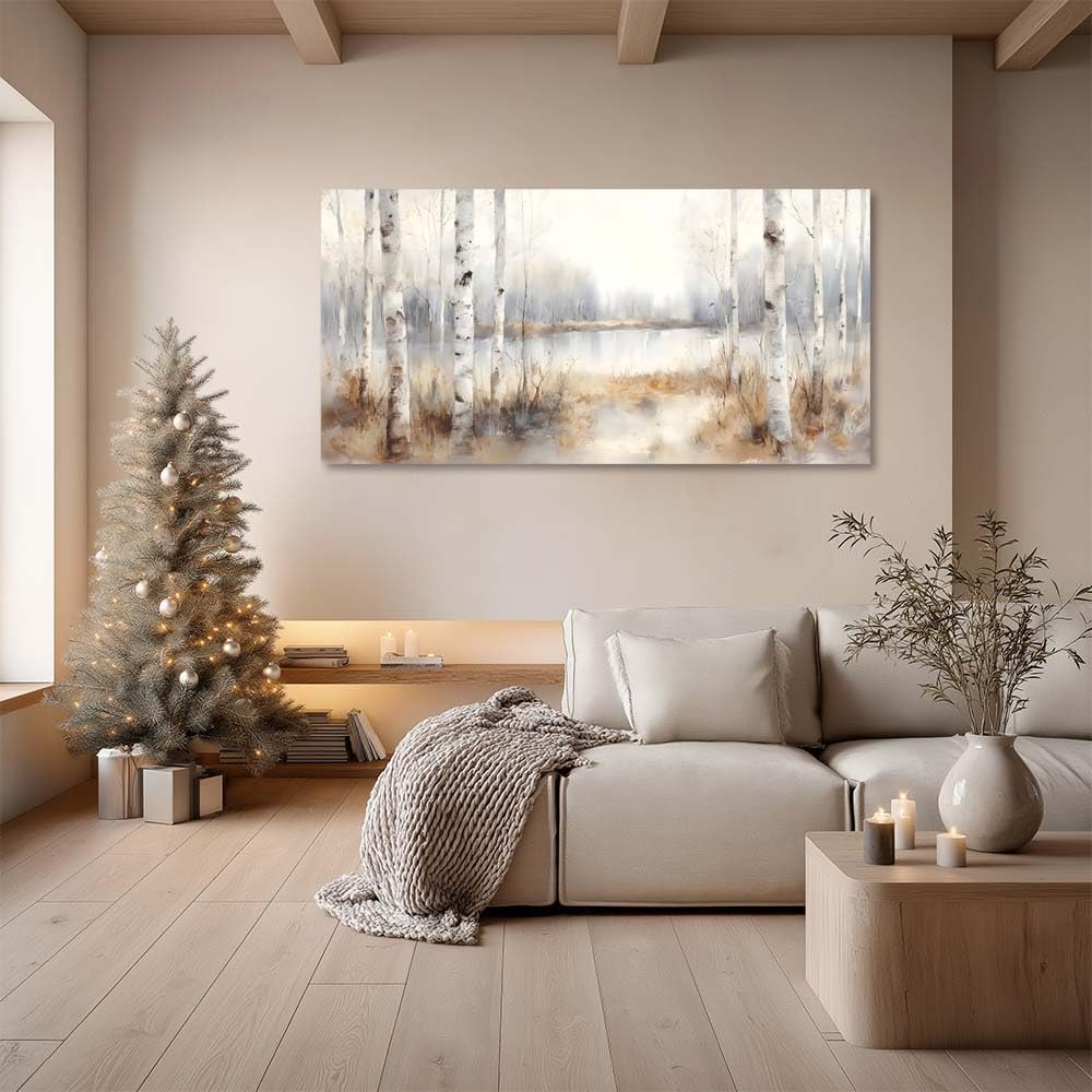 Misty Birch Tree Forest Canvas Wall Art Watercolor Lake Landscape Painting Flat Print Gallery Wrapped Nature Artwork for Living Room Bedroom Bathroom Decor (Mysterious / White Birch Forest 20 / 46"L x 23"W)