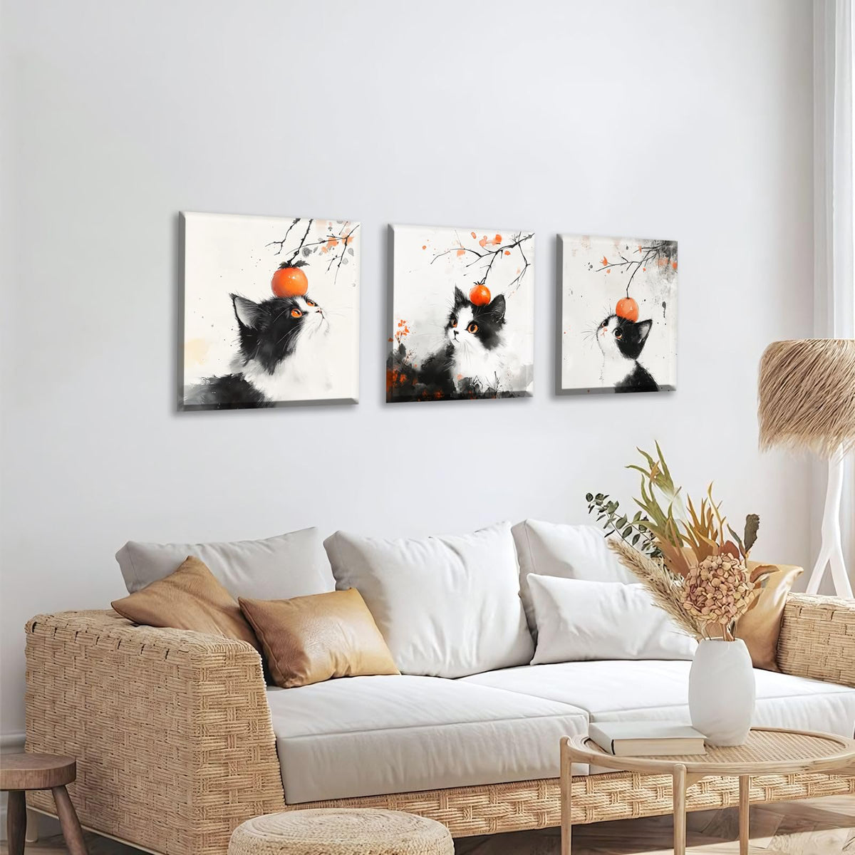 3PCS Modern Japanese Style Cat Wall Art Black White Orange Watercolor Canvas Print Asian Oriental Cat Minimalist Ready to Hang Home Decor Tuxedo Kitchen Living Room Artwork (Japanese Style Cat / 16x16 inches (3 pieces))