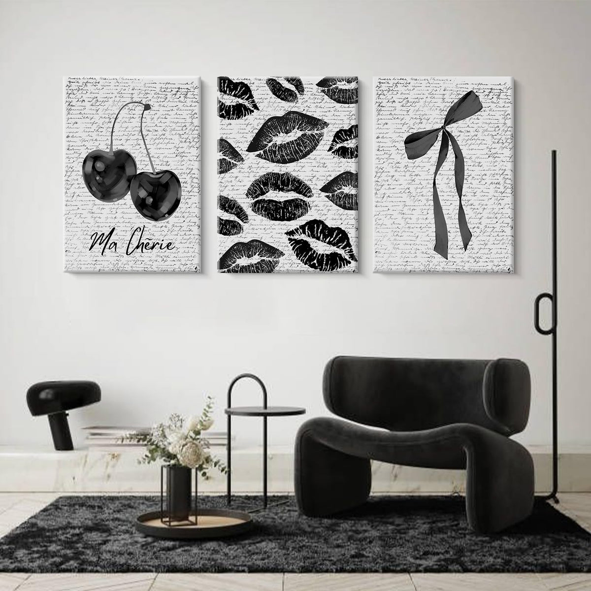 Black White Aesthetic Wall Art Coquette Bow Fashion Canvas Wall Decor Preppy Cherry Posters Vintage Girl Room Decor Bow Pictures Trendy Lips Kiss Prints for Girly Bedroom 16x24 Inch Ready to Hang 3pcs (Black Lips Prints / 16x24 Inch Wrapped Canvas)