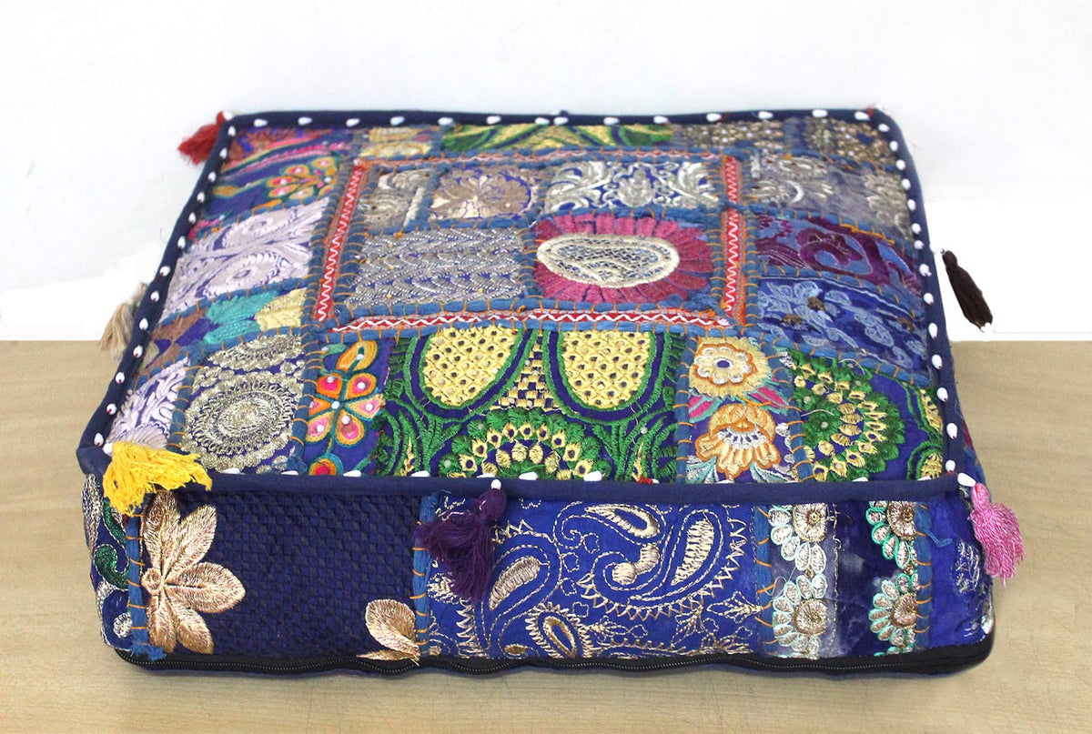 Indian Square Patchwork Traditional Pouf Cover Indian Living Room Poufs Decorative Embroidered Designer Ottoman Home Living Footstool Chair Cover Decor Pillow Cover 18x18x5 inches (18"D x 18"W x 5"H / Blue)