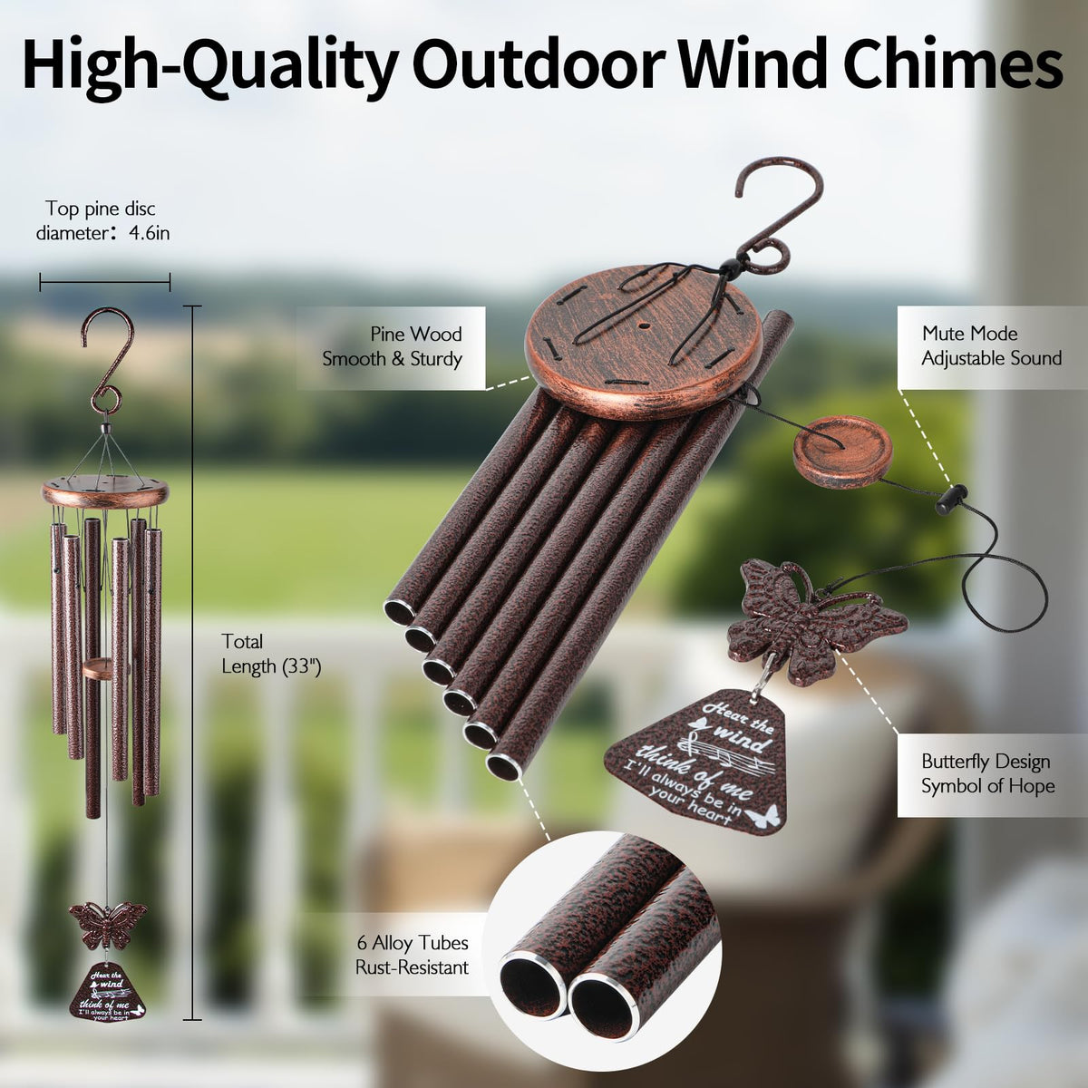 33" Metal Memorial Wind Chimes (33" 6Tubes)
