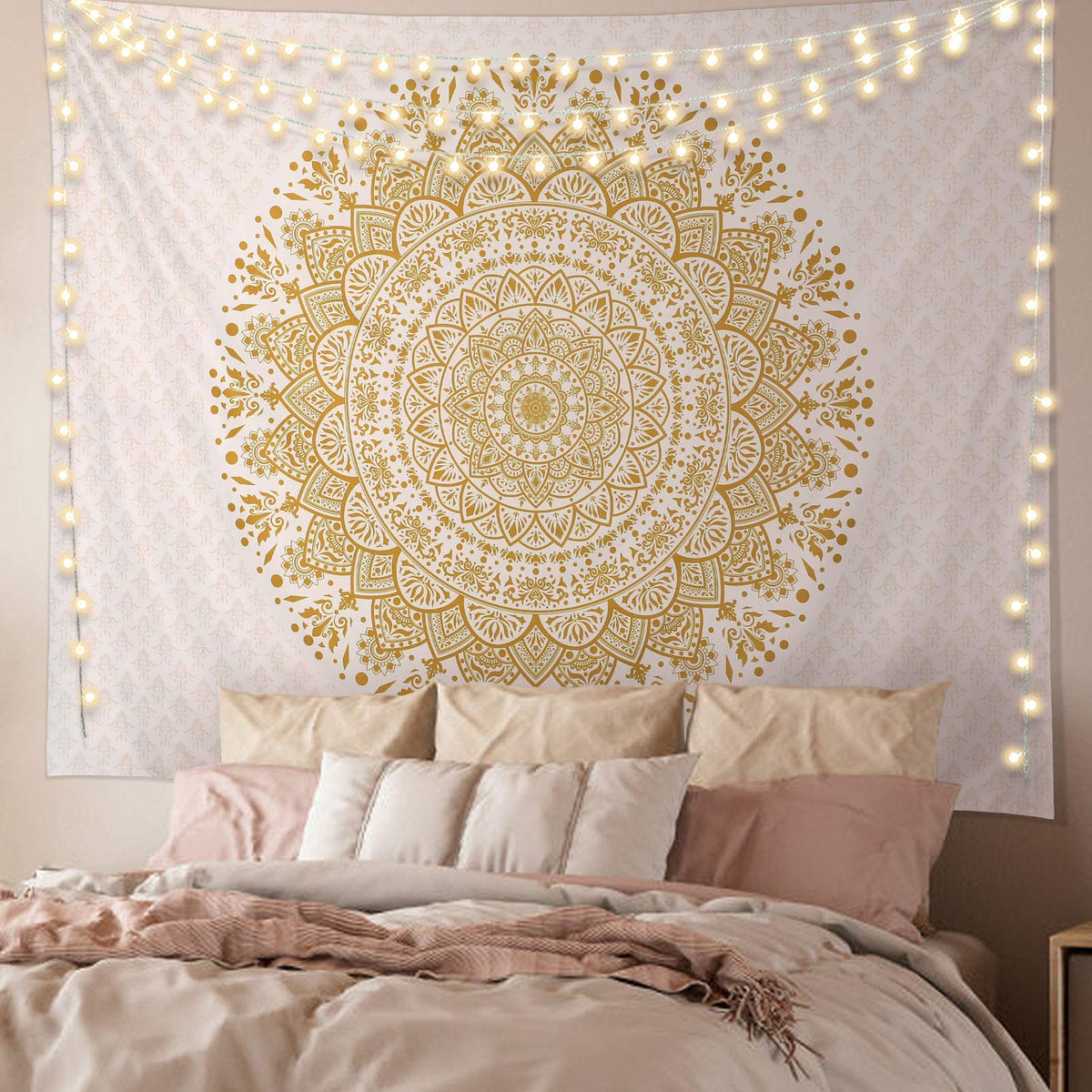 White and Gold Mandala Tapestry Wall Art for Living Room (91"L x 71"W / Mandala Tapestry-3)