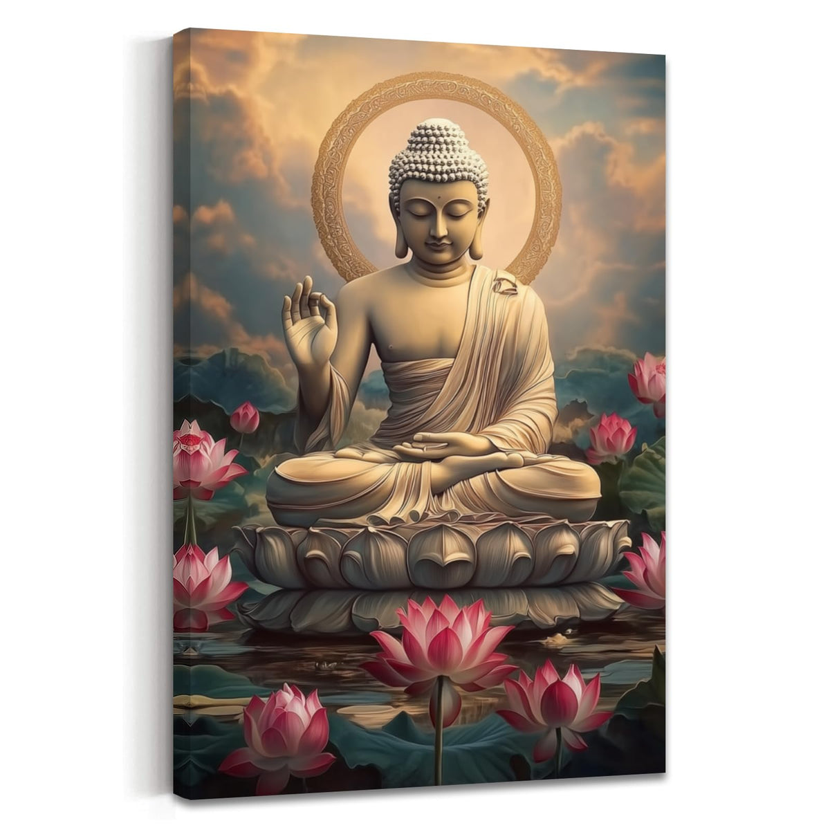 Buddha Canvas Wall Art Zen Picture Lotus Flower Painting Buddha Statue Prints Pink Floral Artwork Meditation Buddhist Artwork Prayer Room Decor Frame (Beige / 18L" x 12W")