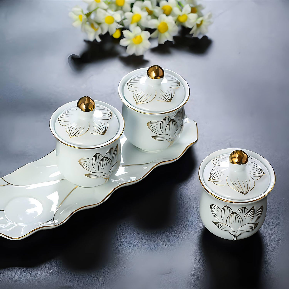 White Buddhist 3 Altar Cups Set (3 White Ceramic Cup Set)