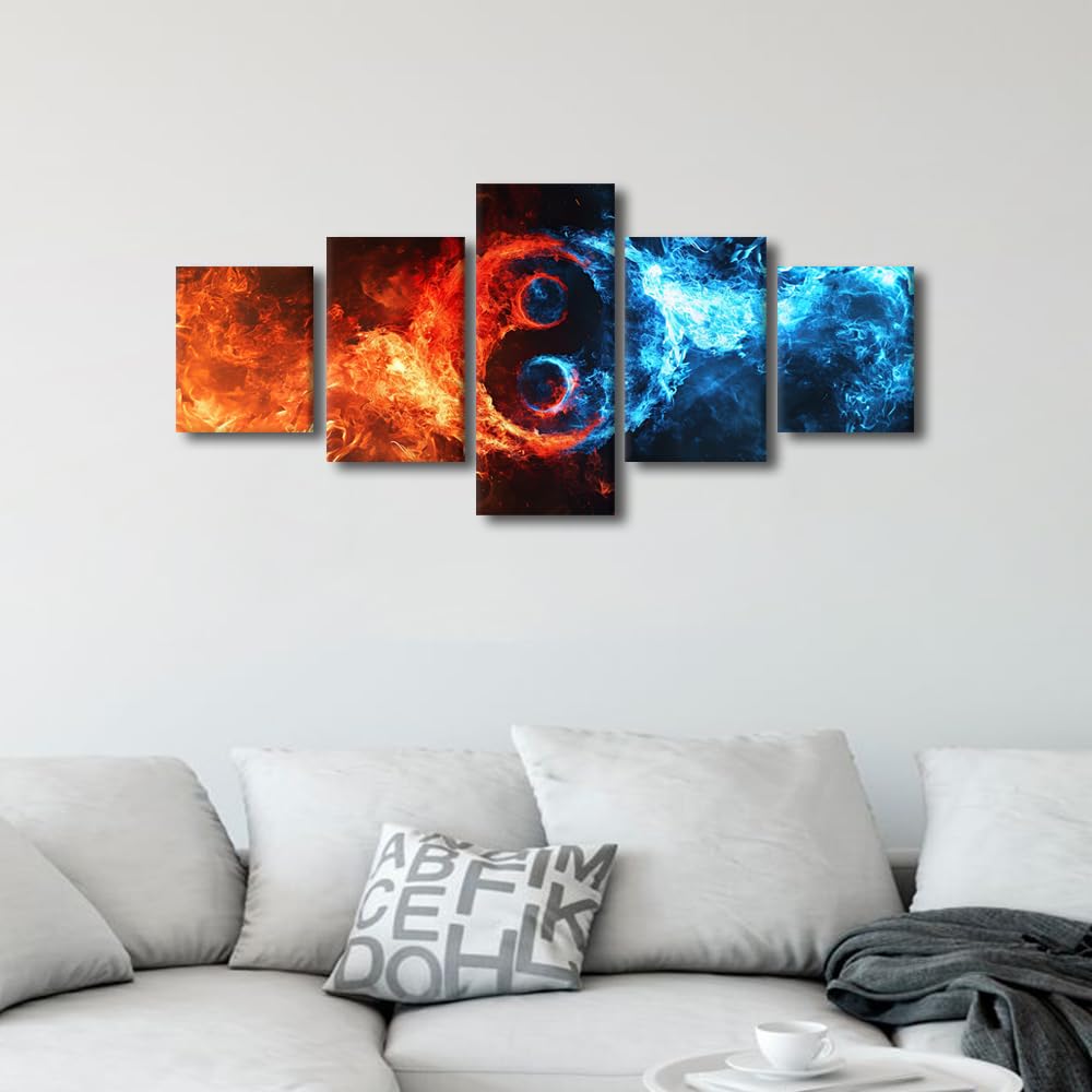 Canvas Wall Art Blue And Red Fire Yin Yang Symbol Five Panel Framed Painting Modern Home Decor Asian Philosophy Wall Art Bold Office Decor Ready to Hang 50" Wx24 H‌ (50''Wx24''H / Artwork-09)