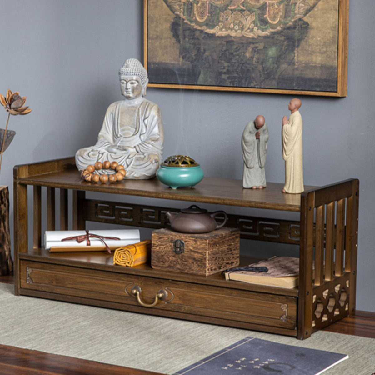 Low 3 Tier Meditation Table with Drawer (Walnut Color / 27.2”W)