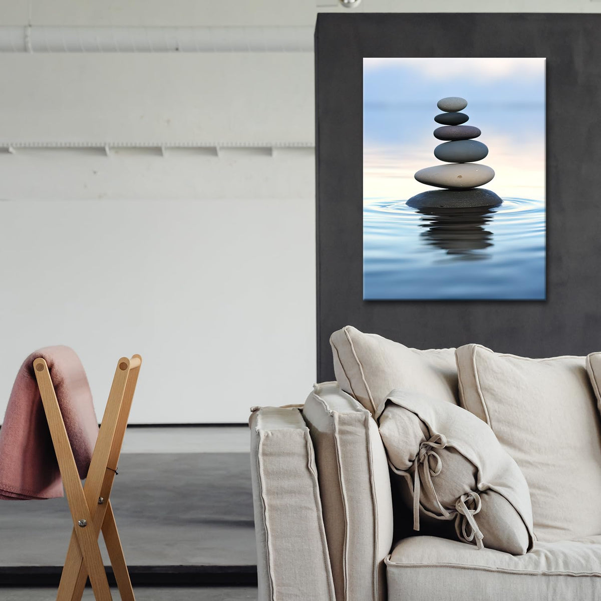Zen Stones Balance Canvas Wall Art Pebbles Stack in Calm Water Picture Print Artwork Poster for Yoga Meditation Room Bathroom Bedroom Decor (Zen-02 / 30"L x 20"W)