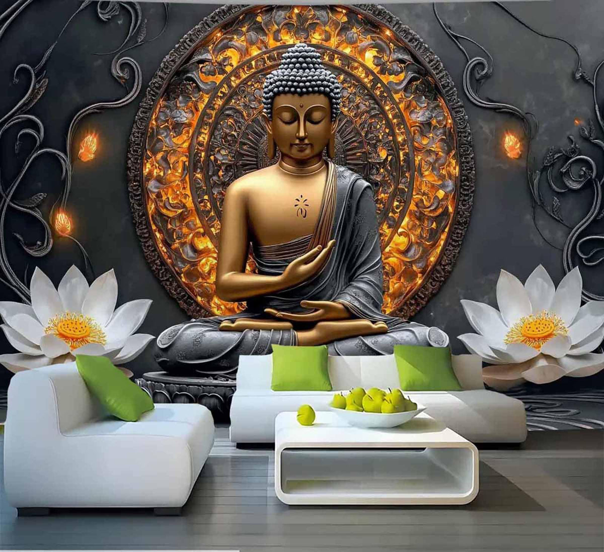 Sitting Golden Buddha Tapestry Wall Hanging Buddhist Statue Tapestries White Lotus Meditation Wall Decor Zen Art Psychedelic Indian Wall Blanket for Bedroom Living Room Home Decor (Grey / 79"L x 59"W)