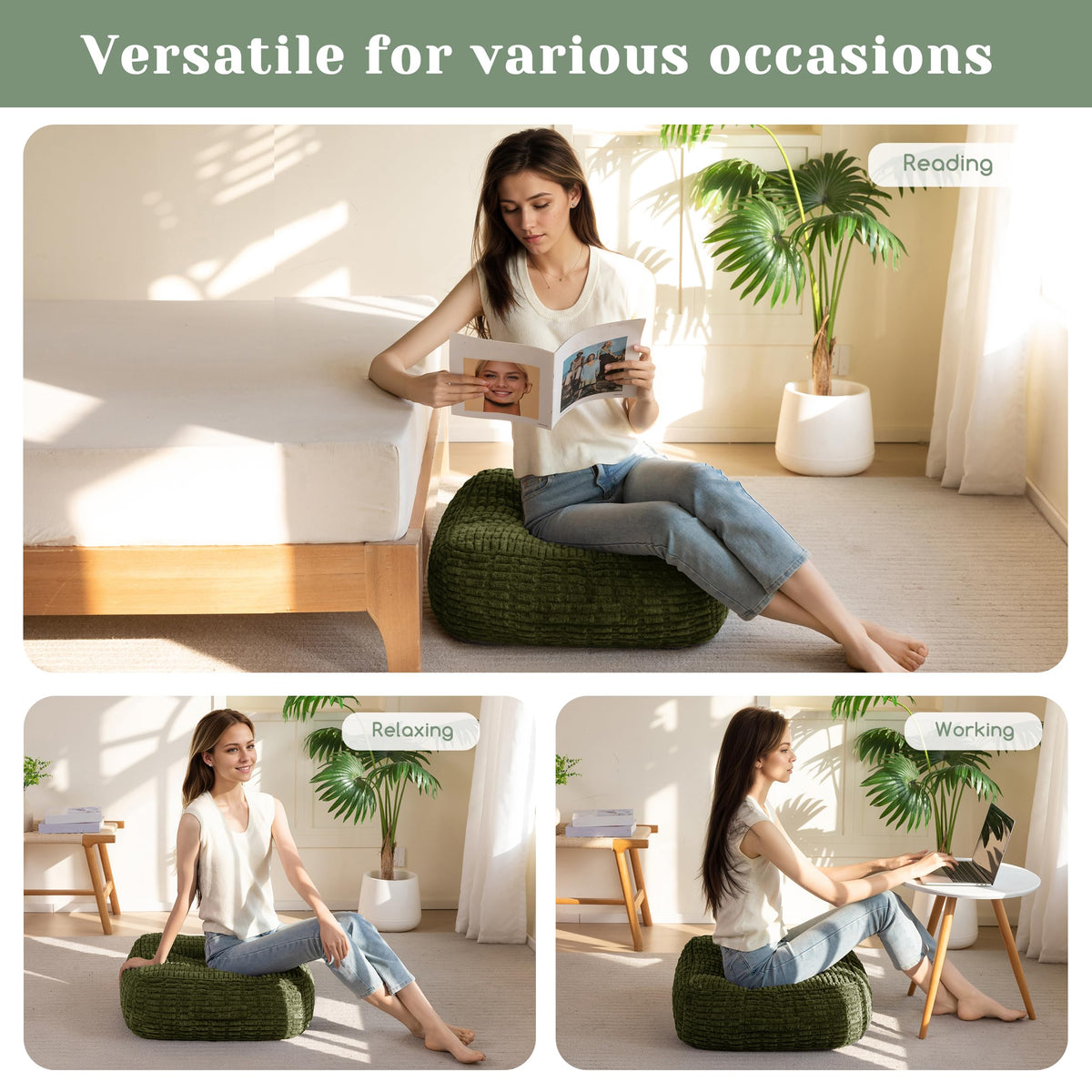 8" Floor Pillow Cushion for Adults (Square Dark Green / 8" Thick(Pack of 1))