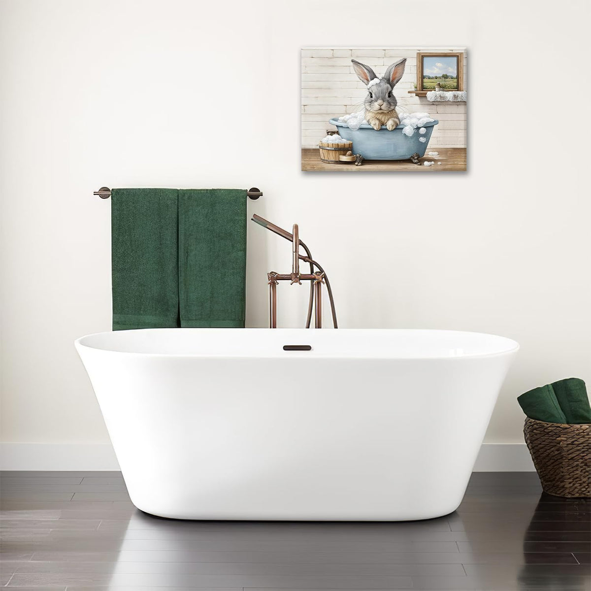 Farmhouse Bunny Bathroom Decor Wall Art Rabbit Pictures Canvas Prints Rustic Country Bathroom Painting Artwork Easter Decoration Framed Gifts for Women Girl Restroom Toilet 16"x24" (bunny / 24L"×16W")