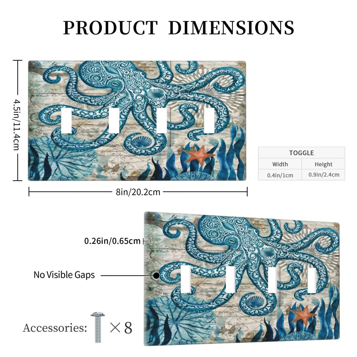 Nautical Ocean Starfish Octopus Decorative 4 Gang Quad Toggle Light Switch Cover Plate Decorative Electric Quadruple Device Faceplate Switchplate Screwless (Nautical Ocean Starfish Octopus / 4 Gang Quad Toggle)