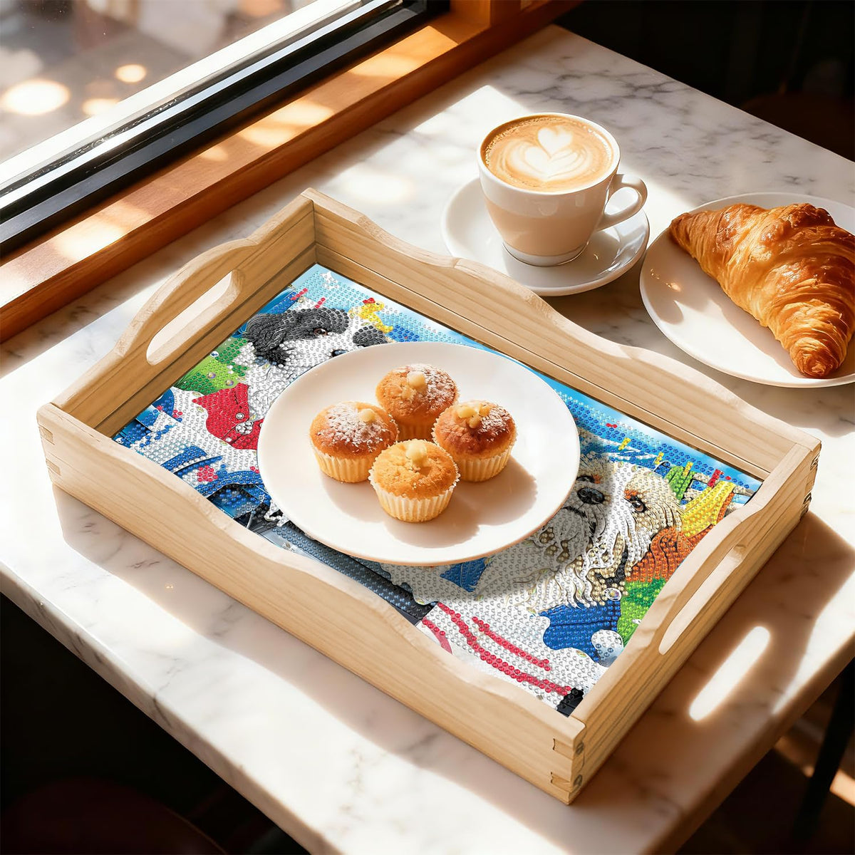 Dog Diamond Painting Wooden Serving Tray with Handle for Adults (T Dog Big)