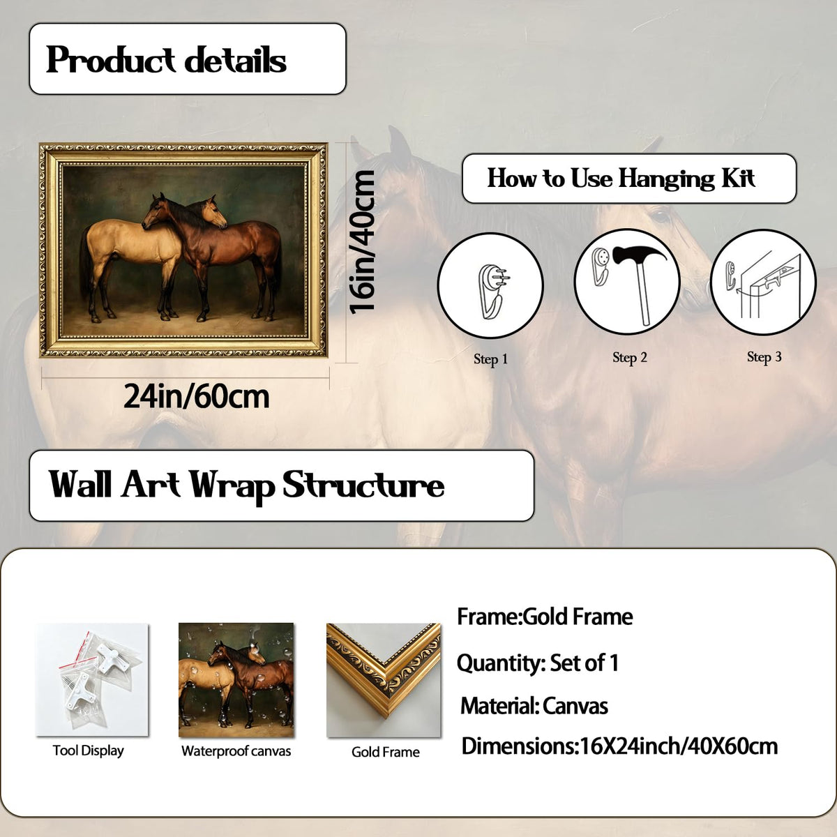 Gold Framed Vintage Horses Wall Art (Gold Framed-D / 24"L x 16"W)