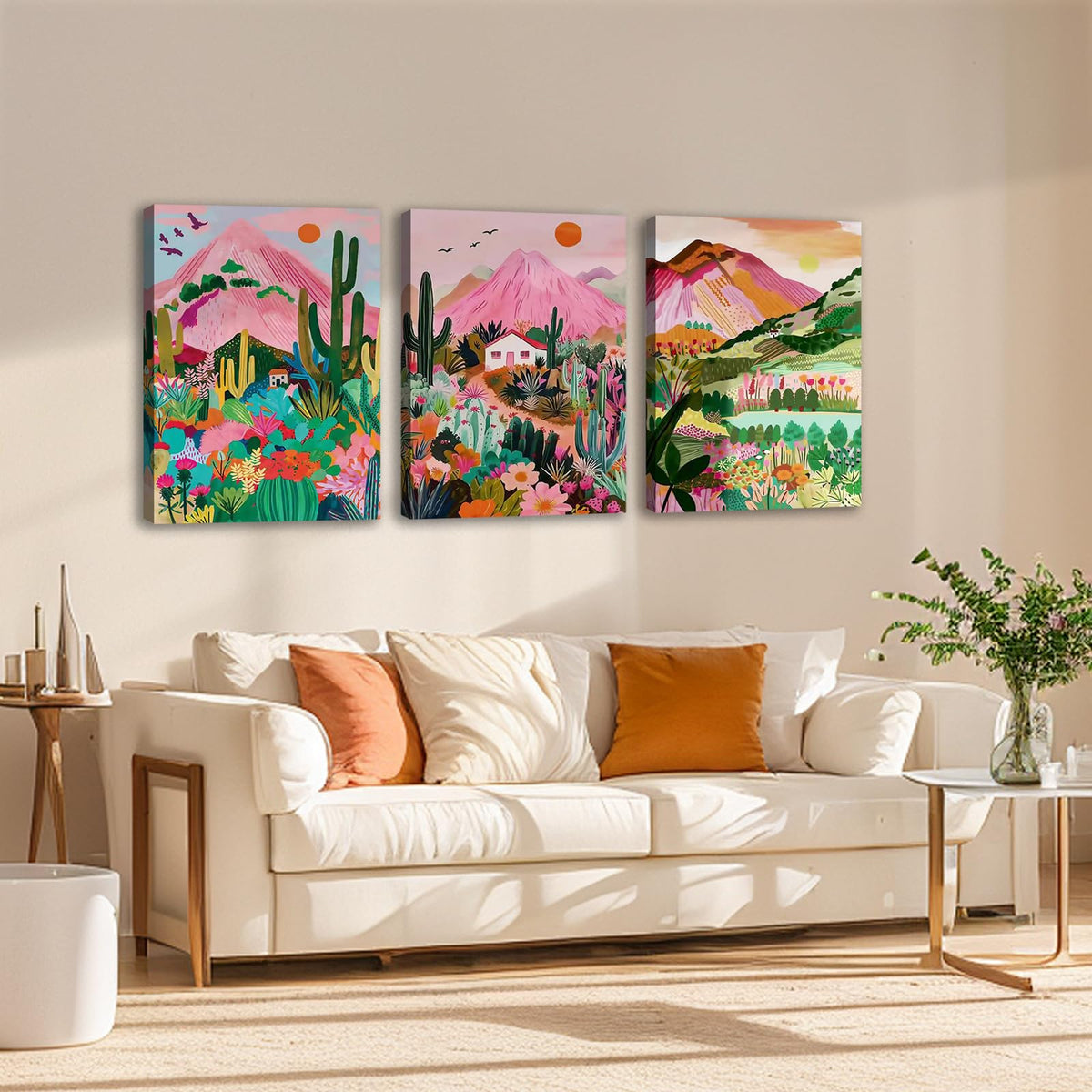 3Pcs Abstract Landscape Wall Art with Vibrant Colors (Pink cactus / 12X16inch)