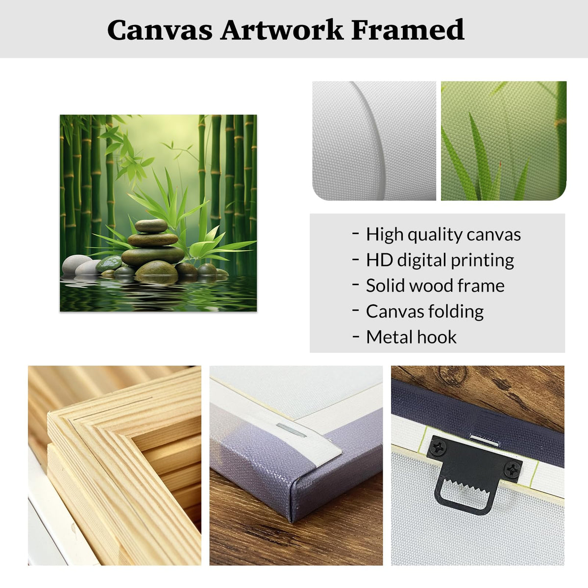 Green Zen Wall Art Stone Spa Pictures Bamboo Zen Bathroom Canvas Calming Meditation Print Relaxing Spiritual Yoga Room Office Decor Framed (D / 32"L x 32"W)
