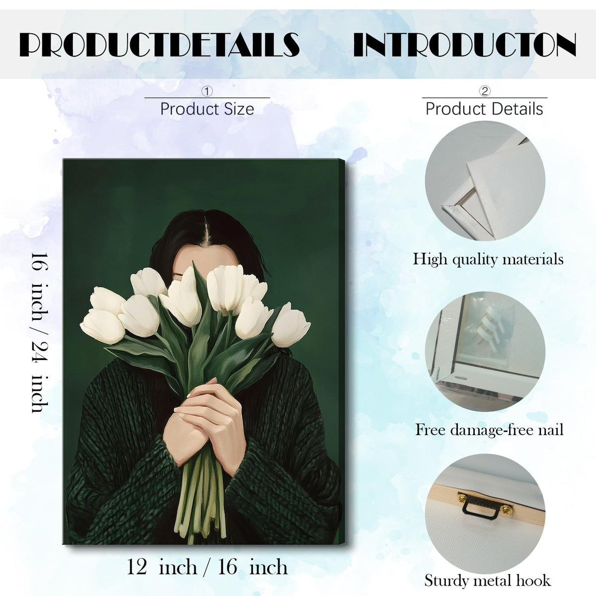 Vintage Emerald Green Abstract Woman Wall Art Funky Feminine Girl Aesthetic Canvas Wall Decor Person Holding White Tulips Picture Print Eclectic Bedroom Living Room Painting (Flower Woman / 24"L x 16"W)