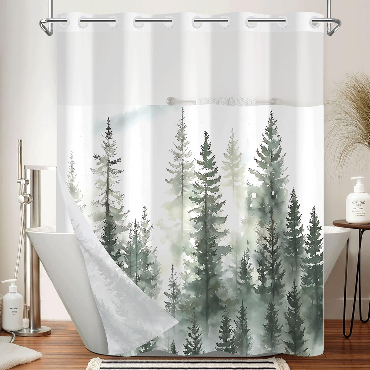 No Hook Forest Shower Curtain with Snap in Liner (Misty Woodland)