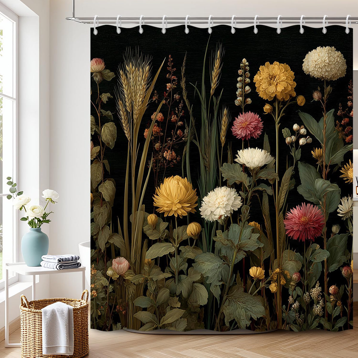 Dark Botanical Floral Shower Curtain with Hooks (Dark Flowers / 72"W x 78"L (Pack of 1))