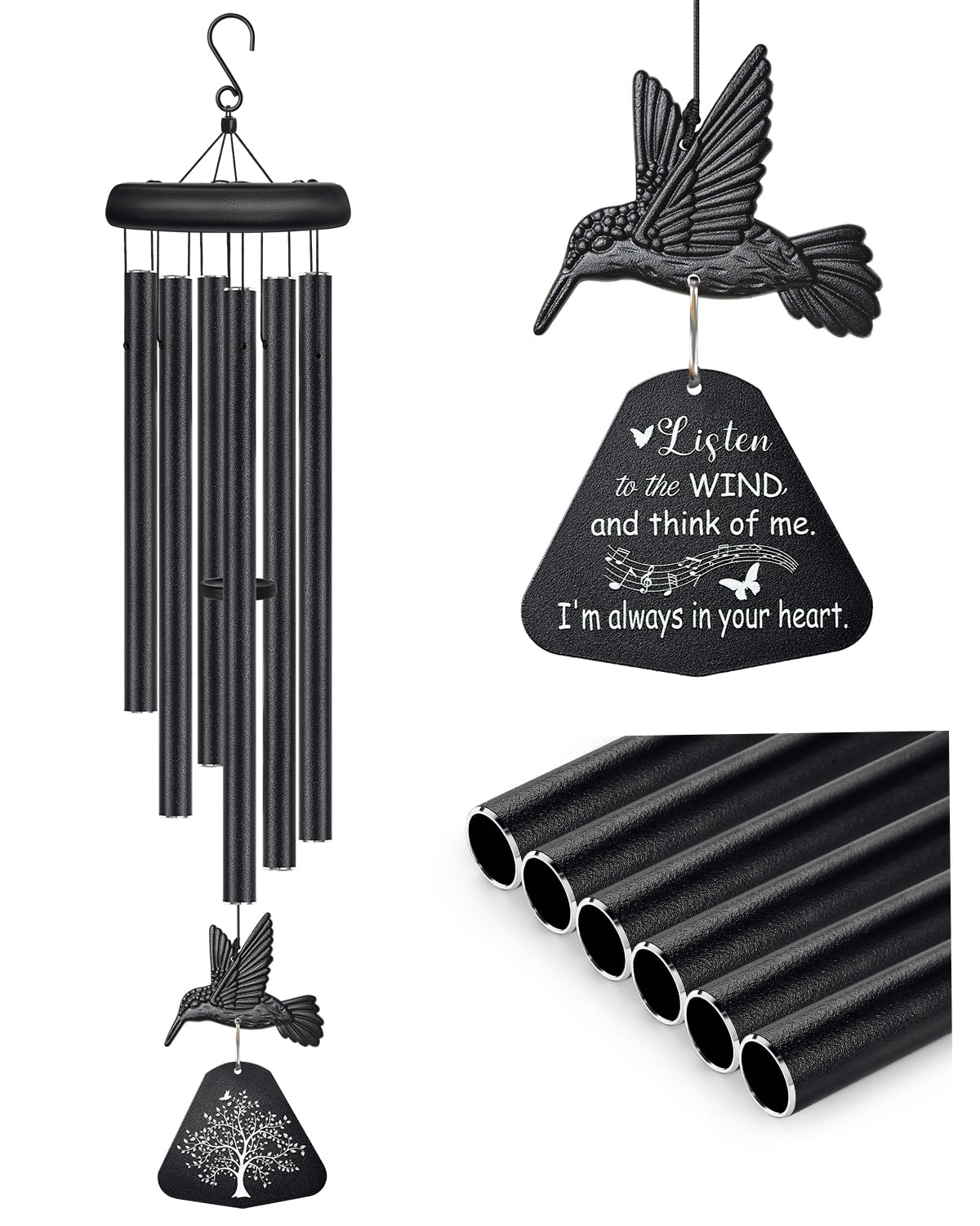Sympathy Wind Chimes for Outside Deep Tone (Black Hummingbird)