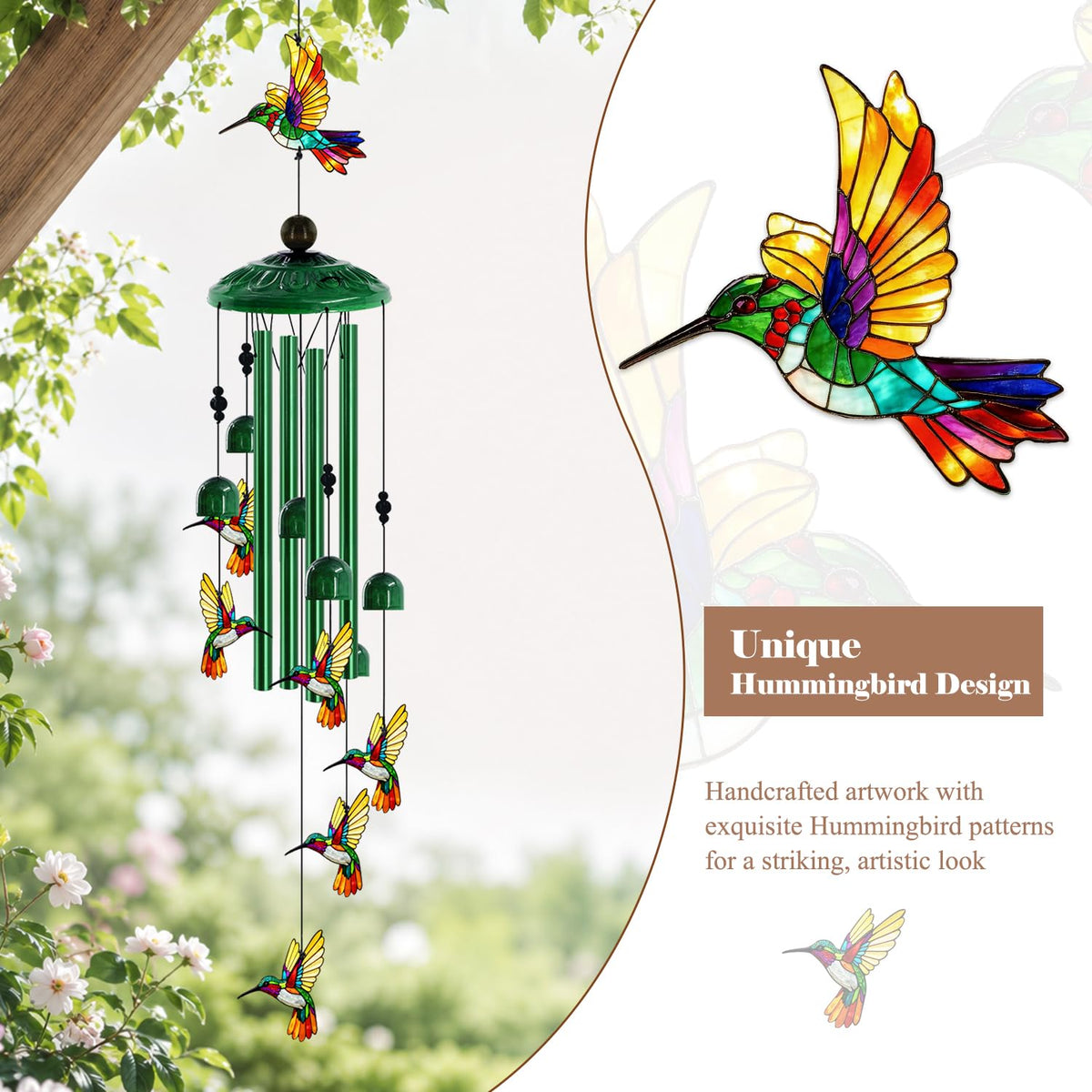 Hummingbird Wind Chimes for Outside (35"Green hummingbird)