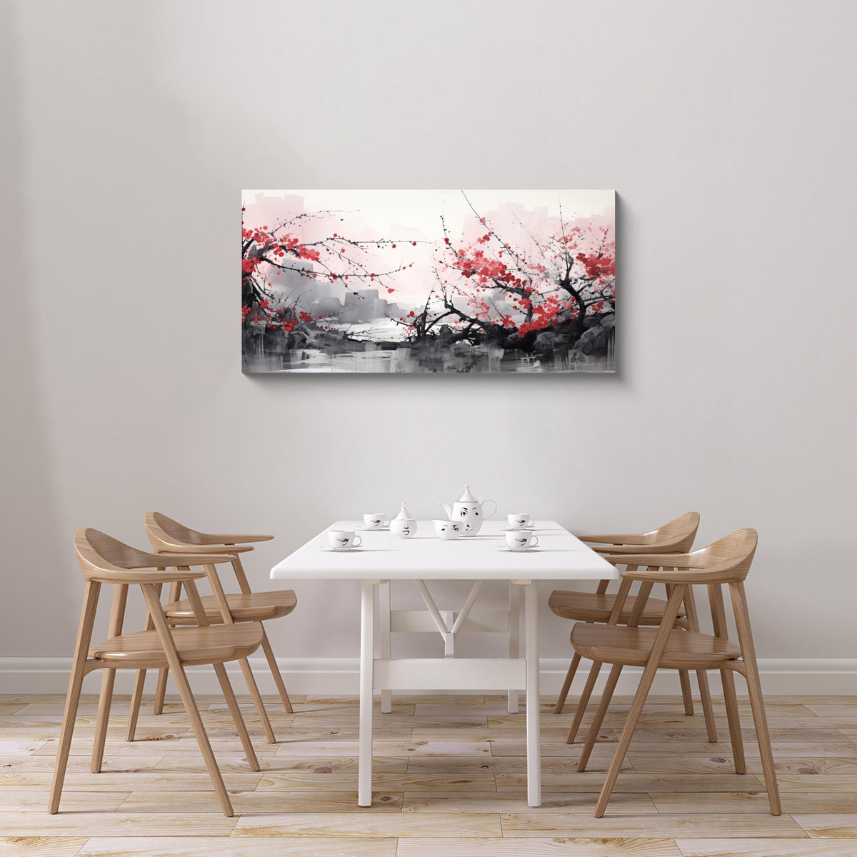 3PCS Asian Ink Style Cherry Blossom Canvas Wall Art Red Plum Flower Landscape Minimalist Zen Nature Scene Oriental Watercolor Artwork for Bedroom Living Room Office or Meditation Space Decor (Red-One Piece-2 / 16x8 inches (1 piece))